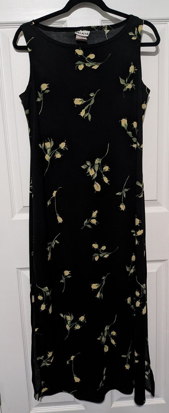 Vintage 90s Jalate Floral Maxi Dress Size Large Black Yellow Whimsigoth Grunge